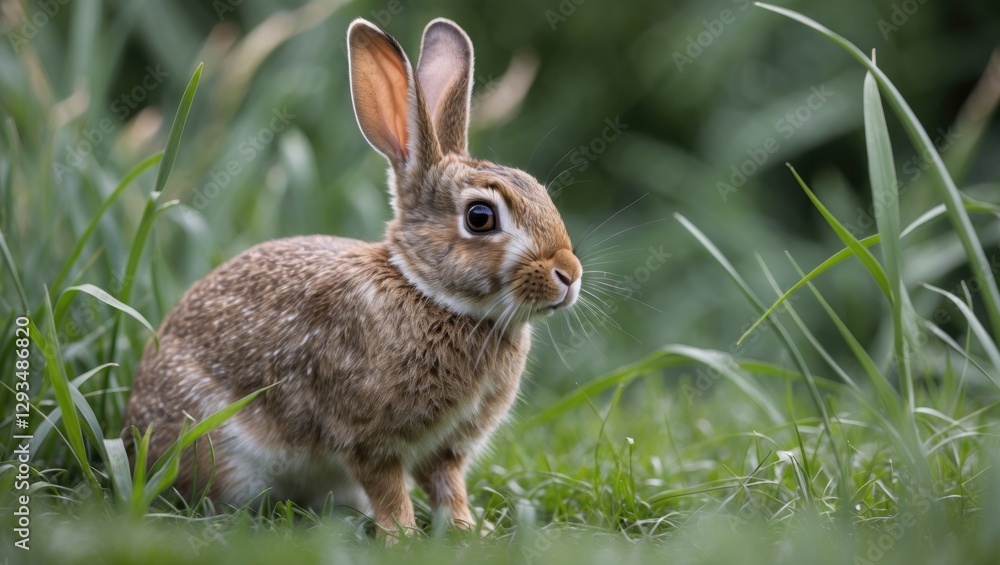 Wild Rabbit Sitting In Lush Green Grass Against A Natural Background In A Tranquil Outdoor Setting Wild Rabbit Sitting In Lush Green Grass Against A Natural Background In A Tranquil Outdoor Setting