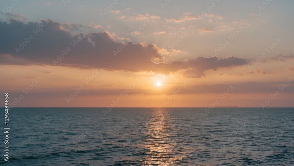 Serene ocean view at sunrise with vibrant colors and gentle waves reflecting the early morning light in a tranquil setting. Serene ocean view at sunrise with vibrant colors and gentle waves reflecting the early morning light in a tranquil setting.