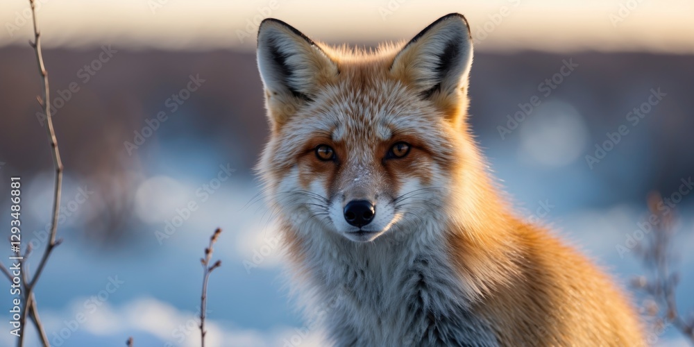 Fototapeta premium Arctic Fox Portrait in Tundra with Eyes Focused on Camera Beauty of Polar Wildlife Blank Space for Text