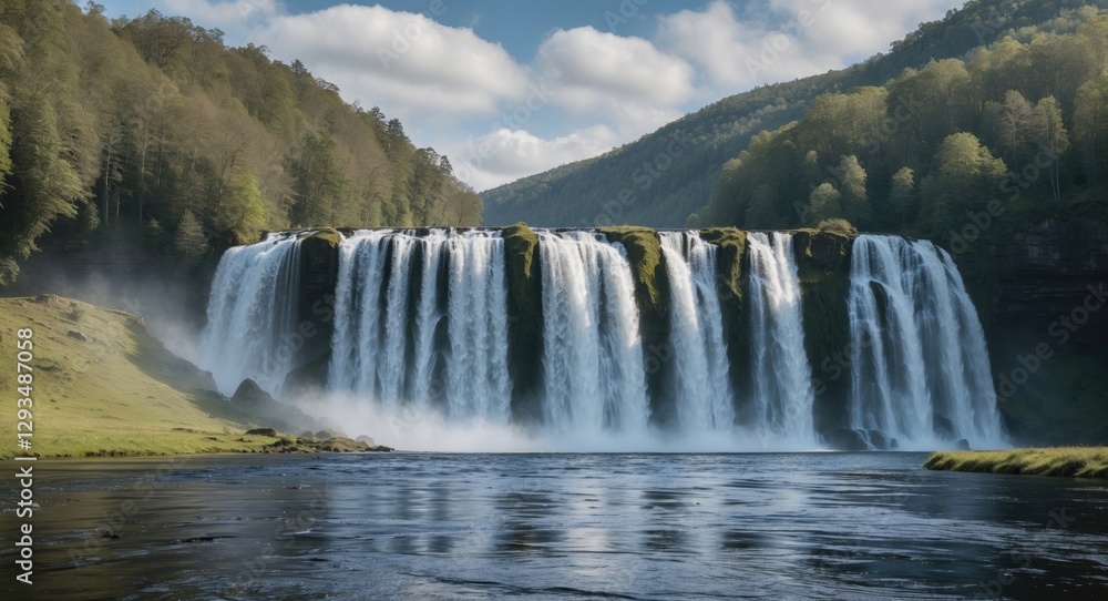 Majestic Northern Waterfalls Surrounded by Lush Greenery with Clear Blue Skies and Ample Copy Space for Custom Text Majestic Northern Waterfalls Surrounded by Lush Greenery with Clear Blue Skies and Ample Copy Space for Custom Text