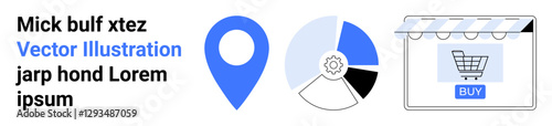 Free Download Shopping cart under store awning, location marker, and pie chart with gear. Ideal for e-commerce, navigation, analytics, business growth, technology, online shop flat landing page banner - GFXLoad