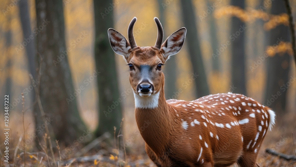 Fototapeta premium Female Red Deer in Autumn Forest Surrounded by Trees with Soft Lighting and Fallen Leaves on the Ground