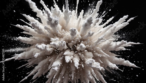 Dramatic close-up of white powder explosion on black background showcasing dynamic dust particles in motion and vivid texture details.