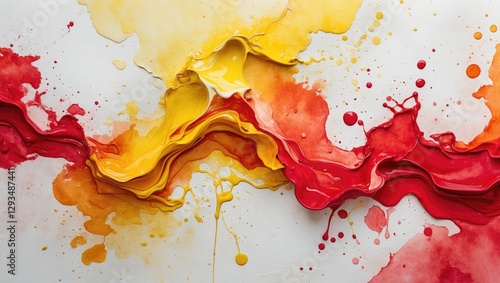 Vibrant red and yellow watercolor paint texture with flowing patterns and splatters creating an artistic background effect