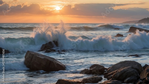 Wallpaper Mural Sunset Over Ocean Waves Crashing Against Rocks with Scenic Sky and Water Reflection Torontodigital.ca