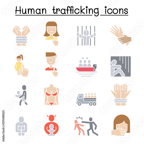 Human trafficking icon set in thin line style