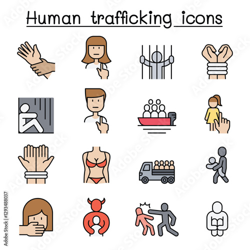 Human trafficking icon set in thin line style