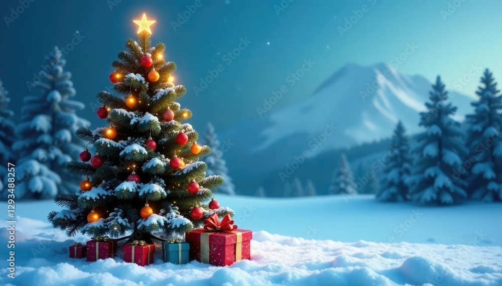 Obraz premium Snowy scene with a large Christmas tree and a gift box at its base, blue, ribbon