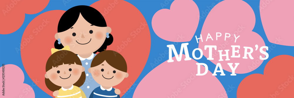 Happy mother's day card with mom, cute daughter, son and lovely hearts. -Vector Happy mother's day card with mom, cute daughter, son and lovely hearts. -Vector