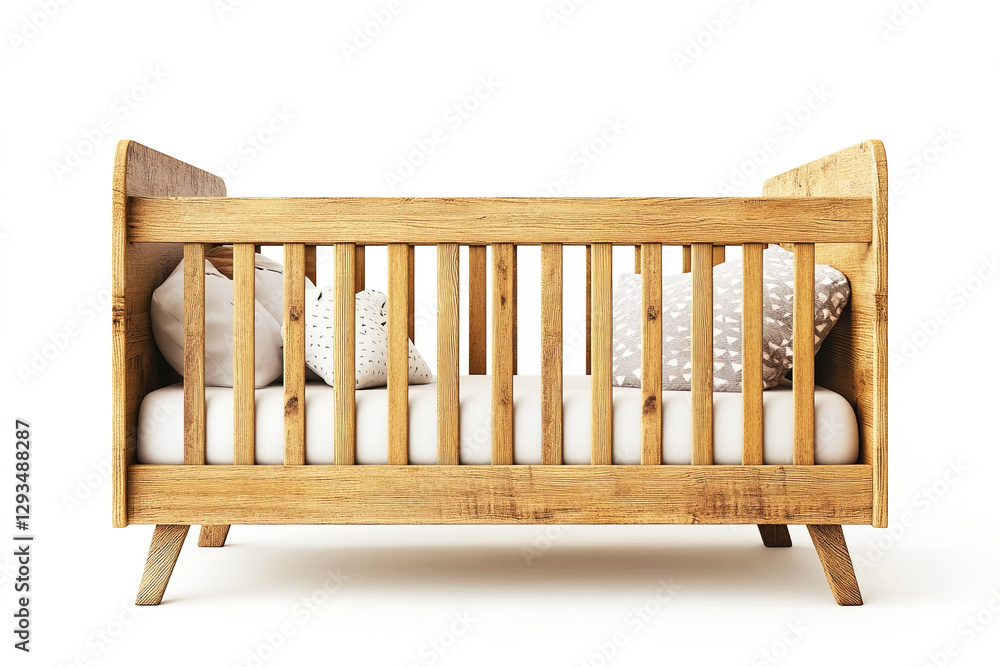 Modern wooden crib designed for infants placed on a white background for clear visibility Modern wooden crib designed for infants placed on a white background for clear visibility