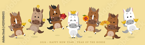 Happy Chinese new year 2026 greeting card with cute horse and gold money. Animal zodiac cartoon character. -Vector