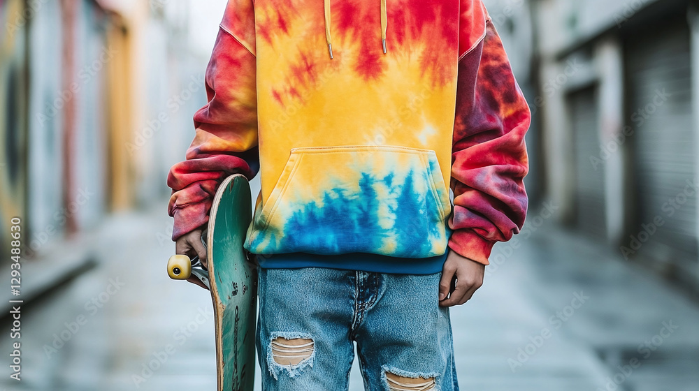 Obraz premium Skater in tie-dye hoodie poses on street with skateboard. Youthful style and urban vibes. #skaterstyle #tiedye #streetwear