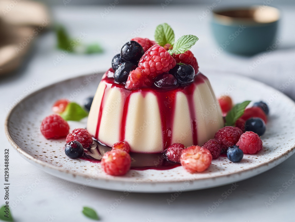 A smooth and creamy panna cotta elegantly served with a vibrant mix of fresh raspberries, blueberries, and a drizzle of berry coulis A smooth and creamy panna cotta elegantly served with a vibrant mix of fresh raspberries, blueberries, and a drizzle of berry coulis