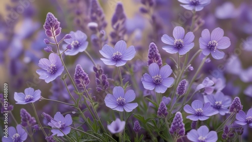 Delicate mauve wildflowers in harmony showcasing vibrant shades of purple with soft petals and lush green foliage in a natural setting.