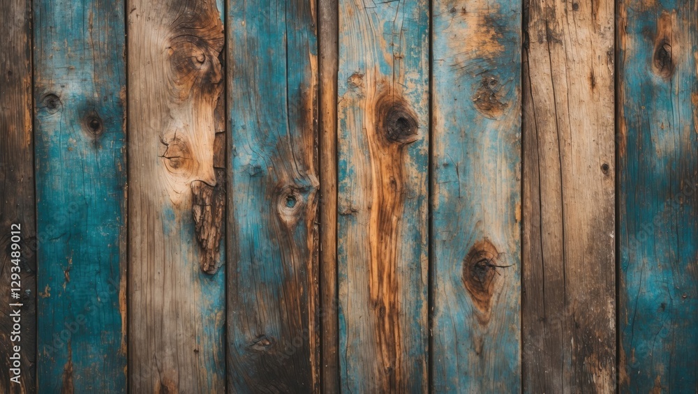 Naklejka premium weathered wooden planks with blue paint remnants creating a rustic and textured background for design and artistic projects