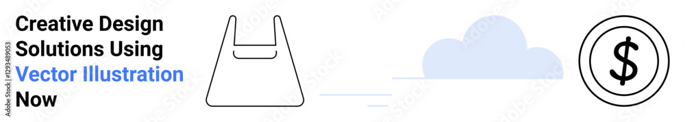 Shopping bag outline beside a minimalistic cloud and dollar coin, symbolizing e-commerce, finance, sustainability, and digital solutions. Ideal for retail, eco-commerce, finance, shopping apps