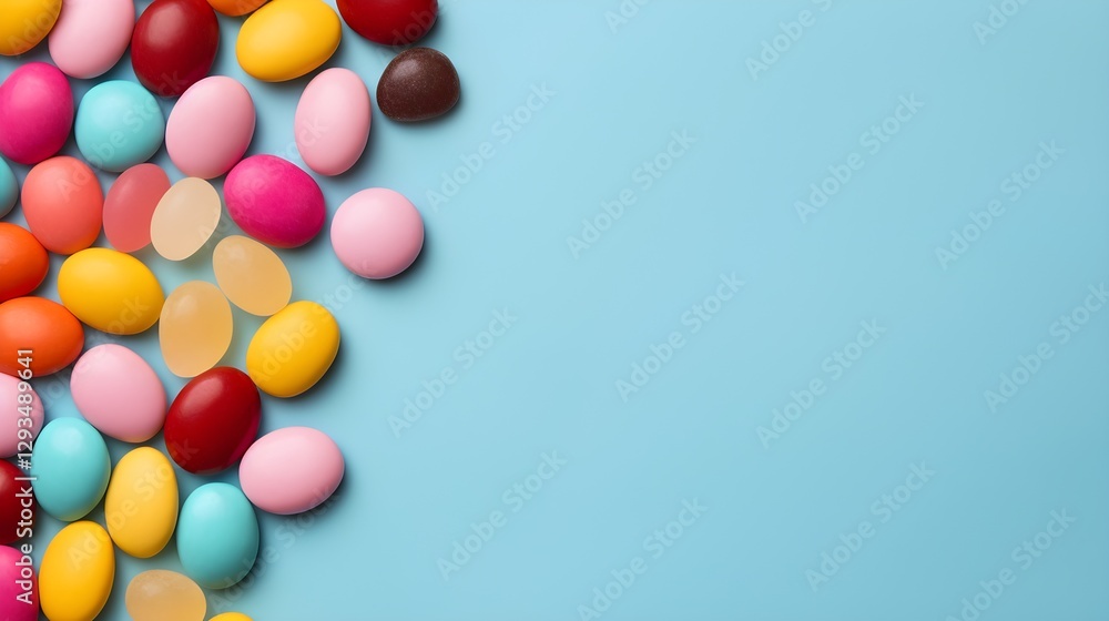 Obraz premium Colorful Candy Border on Blue Background with Copy Space for Design Sweet Treats Dessert Food