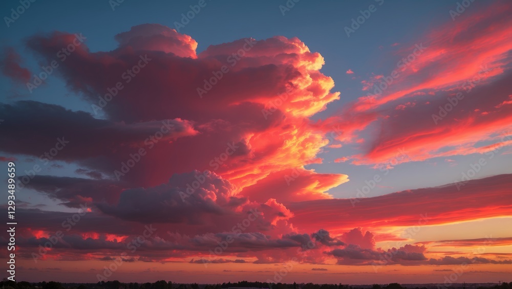 Naklejka premium Vibrant Red and Orange Clouds Illuminating the Sky During a Stunning Sunset Scenic Landscape
