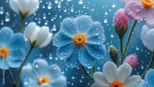 Blue pastel flower background with raindrops creating a fresh and serene floral atmosphere ideal for nature-themed projects.