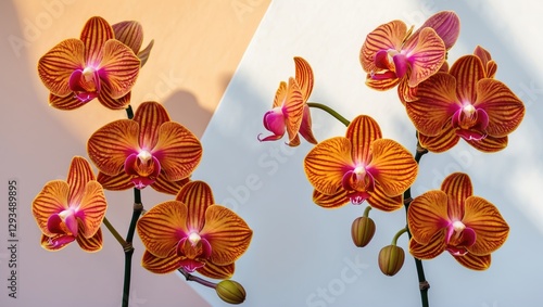 Vibrant red and orange orchid flowers arranged elegantly against a contrasting light background highlighting their natural beauty.