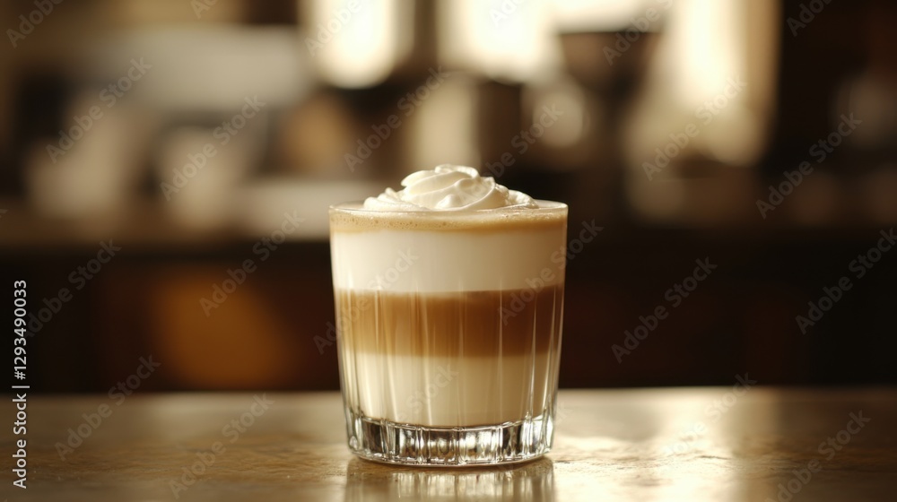 Creamy Coffee Beverage with Whipped Topping in a Glass on a Rustic Counter, Perfect for Cozy Cafés and Relaxing Afternoon Moments Creamy Coffee Beverage with Whipped Topping in a Glass on a Rustic Counter, Perfect for Cozy Cafés and Relaxing Afternoon Moments