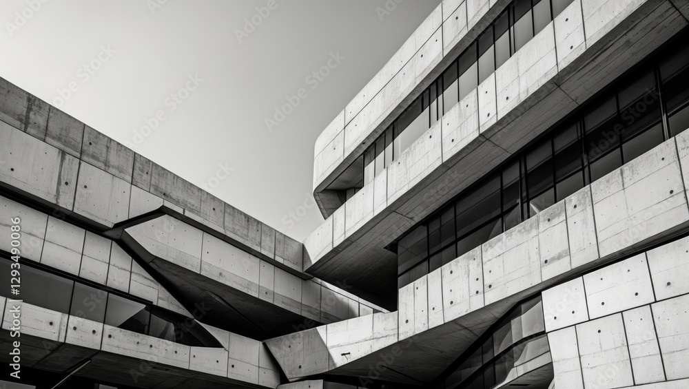 Fototapeta premium Abstract architectural design of a contemporary office building showcasing concrete structures and lines in a monochrome setting.