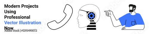 Depicts a phone, head silhouette with gear for AI, and a pointing man. Ideal for technology, AI, communication, teamwork, education, innovation creative projects flat landing page banner