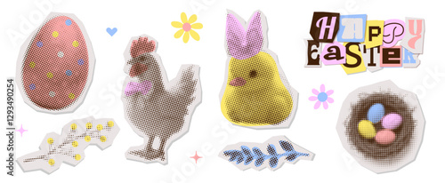 Vintage paper collage of traditional Easter elements set with April holiday bunny, eggs, chick, spring flowers and bird nest. Retro artwork torn paper stickers vector collection.