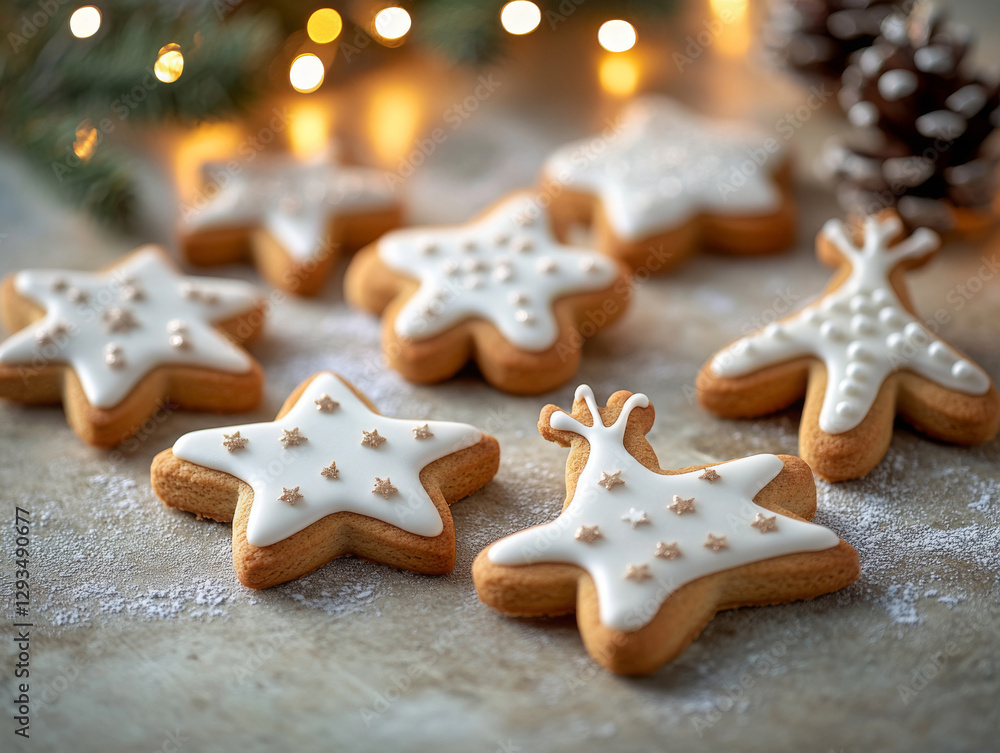 A delightful assortment of gingerbread cookies shaped like stars and reindeer, each beautifully decorated with white icing and golden star-shaped sprinkles A delightful assortment of gingerbread cookies shaped like stars and reindeer, each beautifully decorated with white icing and golden star-shaped sprinkles
