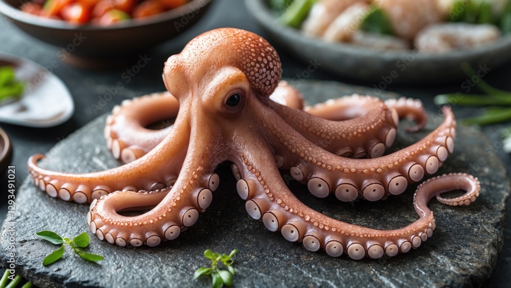 Fototapeta premium Fresh octopus displayed on stone with vibrant Asian dishes in the background showcasing exquisite seafood cuisine and culinary art.