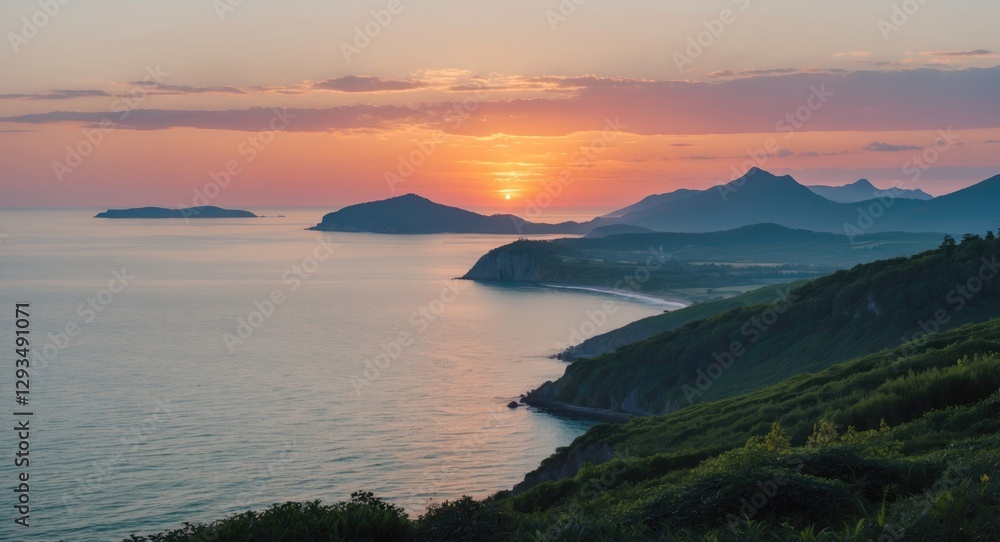 Tranquil Coastal Sunset View with Distant Islands and Mountains Overlooking Calm Waters in a Serene Landscape Tranquil Coastal Sunset View with Distant Islands and Mountains Overlooking Calm Waters in a Serene Landscape
