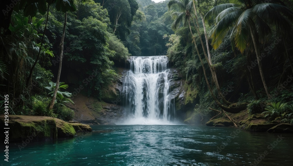 Lush Tropical Waterfall Cascading Into Serene Pool In Dense Green Forest Setting Lush Tropical Waterfall Cascading Into Serene Pool In Dense Green Forest Setting