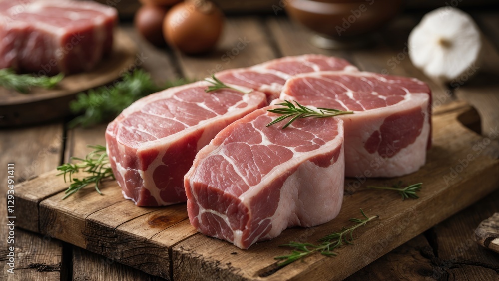Fototapeta premium Fresh Pork Chops on Wooden Cutting Board with Herbs and Vegetables in Rustic Kitchen Setting