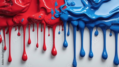 Vibrant red and blue paint dripping artfully onto a white surface creating a dynamic and colorful abstract background.