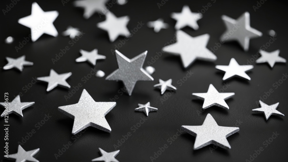 Scattered silver stars on a smooth black background creating a festive and elegant decorative scene. Scattered silver stars on a smooth black background creating a festive and elegant decorative scene.