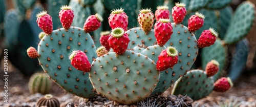 Vibrant Prickly Pear Cactus Featuring Bright Red Fruit and Thorny Spines in a Desert Landscape Ideal for Nature and Botanical Themes photo