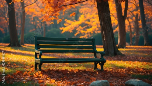 Autumn Serenity on a Woodland Bench Surrounded by Vibrant Fall Foliage in Lindenwood Preserve photo