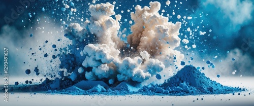 Blue dust particle explosion creating an abstract cloud effect on a white background, showcasing vibrant colors and dynamic movement.