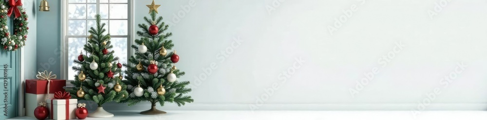 White Christmas scene with a green fir tree and decorated windows, isolated, serene, wreath White Christmas scene with a green fir tree and decorated windows, isolated, serene, wreath