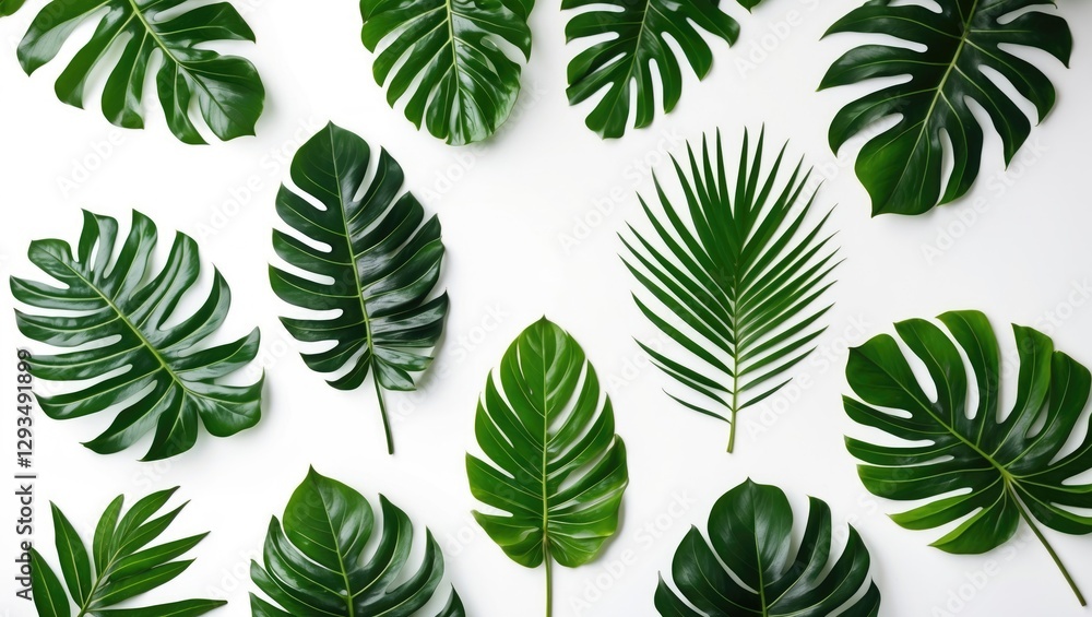 Tropical leaves isolated on a white background creating an elegant pattern with ample space for text or design elements.