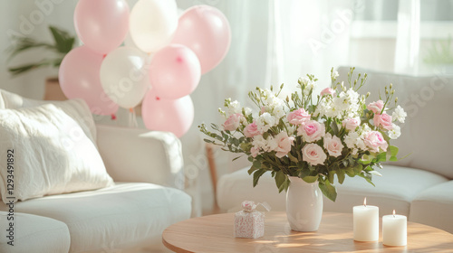 Modern Living Room Decorated for International Women's Day with Pink Balloons and Fresh Flowers