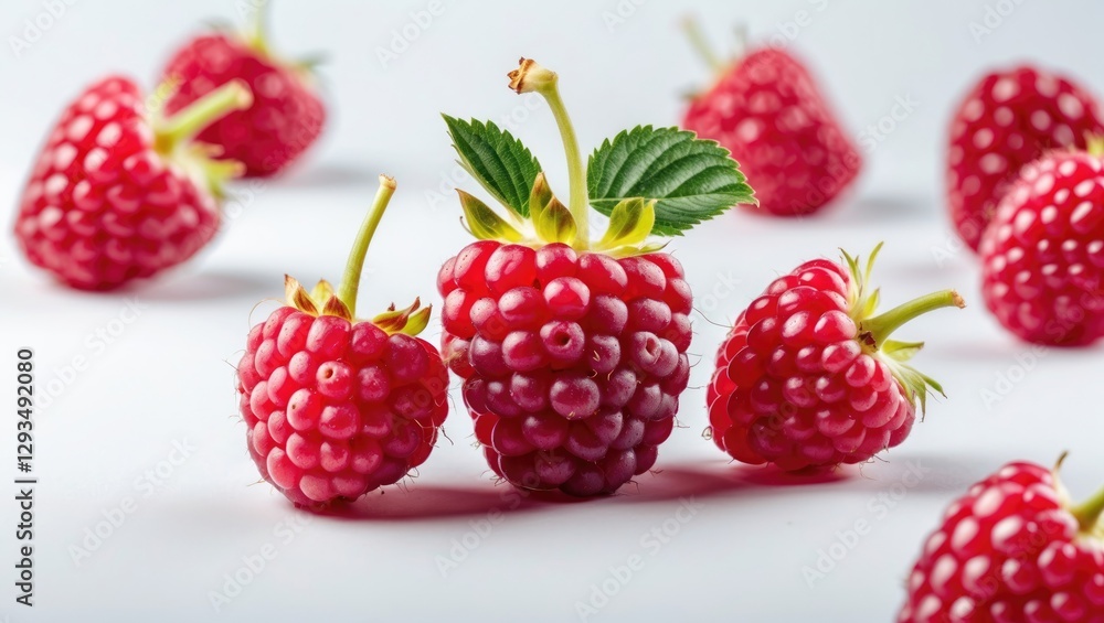 Fresh Raspberries with Green Leaves Isolated on a White Background for Food and Culinary Themes Fresh Raspberries with Green Leaves Isolated on a White Background for Food and Culinary Themes