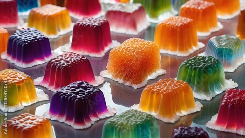 Colorful, translucent jelly cubes with intricate textures and patterns are arranged on a reflective surface. Each cube features a unique blend of vibrant colors, creating a visually appealing