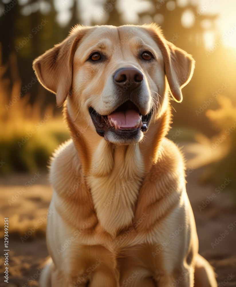 Warm golden light spills over a happy labrador retriever, holiday kitchen, warm lighting, winter wonderland Warm golden light spills over a happy labrador retriever, holiday kitchen, warm lighting, winter wonderland