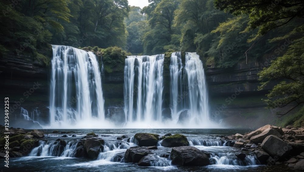Fototapeta premium Majestic Waterfall Surrounded by Lush Trees and Rocky Riverbed in Serene Natural Landscape