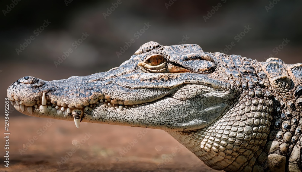 Obraz premium Majestic African Crocodile Basking in the Golden Savannah Grasslands, Capturing the Essence of Africas Wildlife Majesty, with Earthy Tones and Raw Textures.