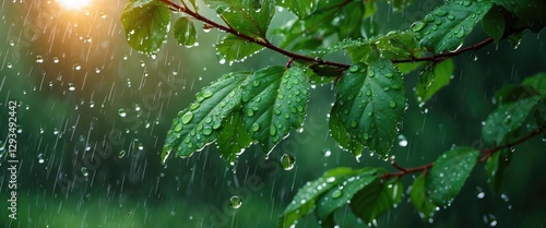 Raindrops on vibrant green leaves glistening in the afternoon light creating a refreshing and serene nature scene.