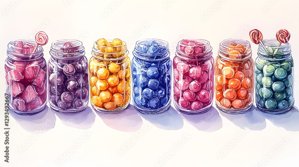Colorful candy jars lined up on a table with a variety of sweets including lollipops and gumballs inside each jar. Colorful candy jars lined up on a table with a variety of sweets including lollipops and gumballs inside each jar.