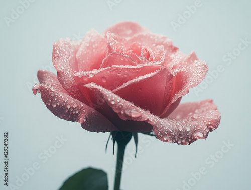A soft and elegant close-up of a pink rose with delicate, dewy petals, capturing the beauty of nature in its purest form