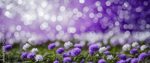 Vibrant purple and white bokeh background featuring colorful natural flowers in a soft focus setting for a dreamy aesthetic.